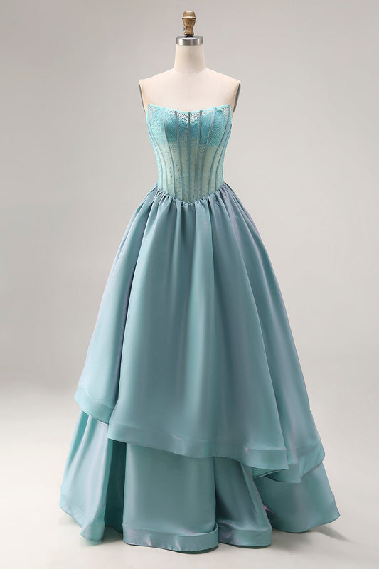 Turquoise Beaded Corset Strapless A-Line Long Satin Prom Dress