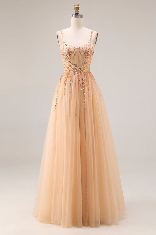 Robe de bal longue en tulle évasée couleur pêche scintillante avec dos lacé
