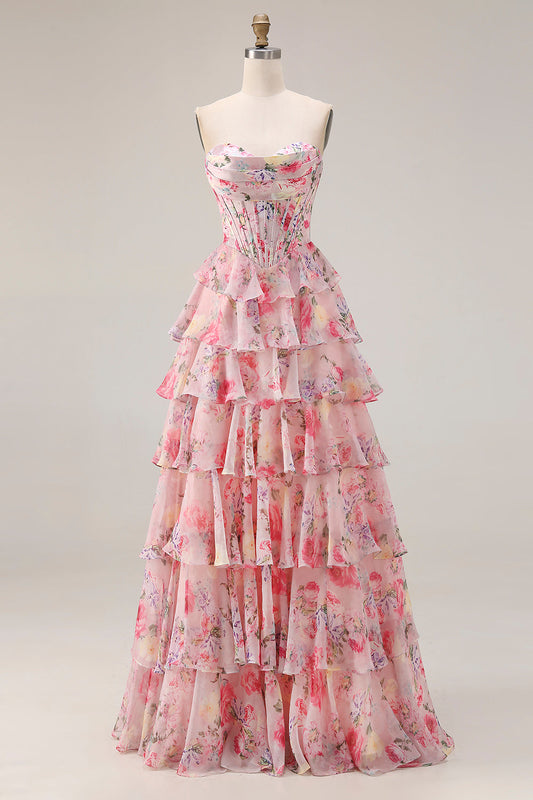 Pink Floral Print Sweetheart A-Line Corset Tiered Long Prom Dress with Ruffles