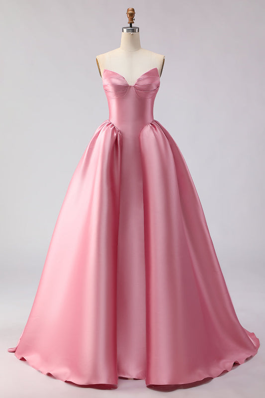 Robe longue de bal de promo en satin rose poudré avec corsage structuré et jupe ample