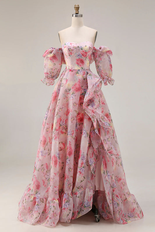 Pink Floral A Line Off The Shoulder Puff Sleeves Chiffon Long Prom Dress with Ruffled Skirt
