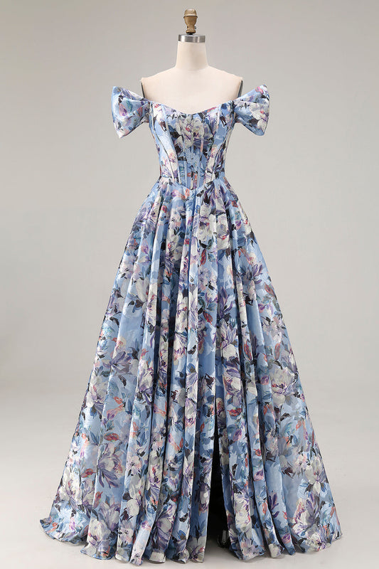 Blue A-Line Off-the-Shoulder Corset Floral Long Prom Dress with Slit