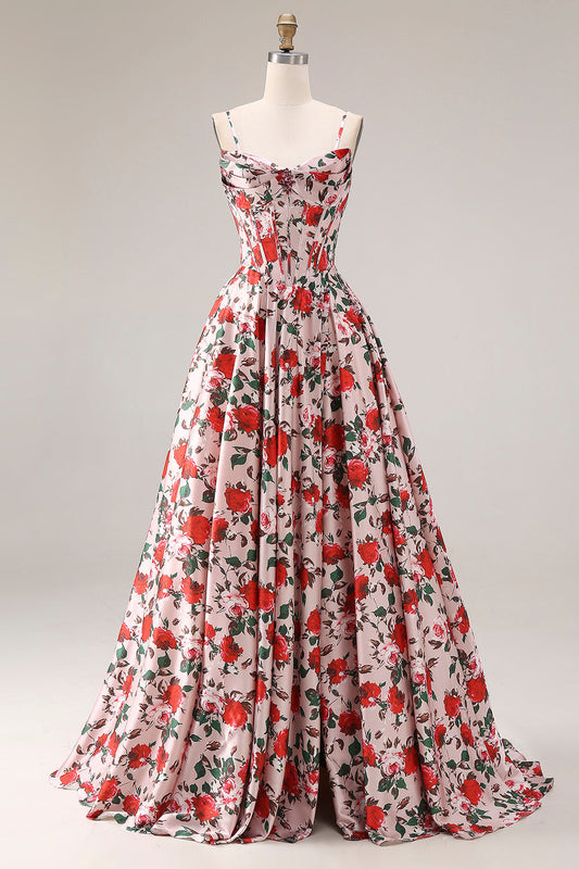 Red Pink Flower Spaghetti Straps Basque Waist A-Line Long Prom Dress with Slit