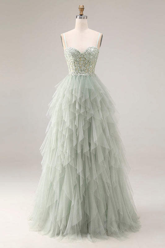 Robe longue de bal à corset en tulle coupe trapèze vert poussière avec bretelles spaghetti et volants