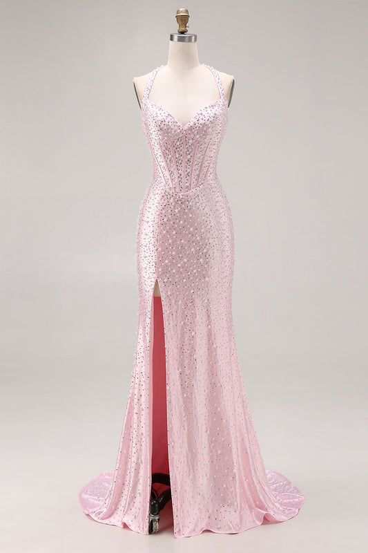 Light Pink Mermaid Beaded Halter Pearls Long Prom Dress with Slit