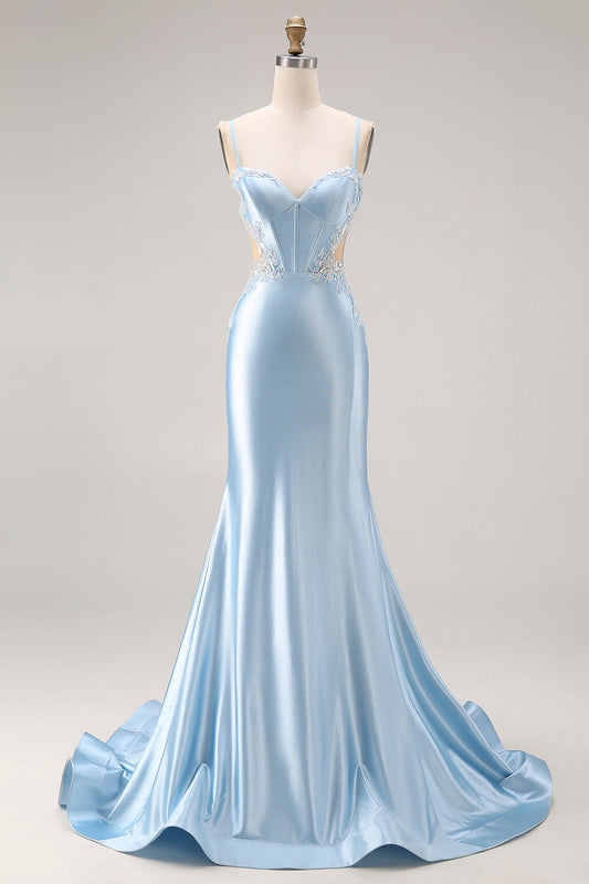 Sky Blue Mermaid Cut Out Corset Long Satin Prom Dress with Beading