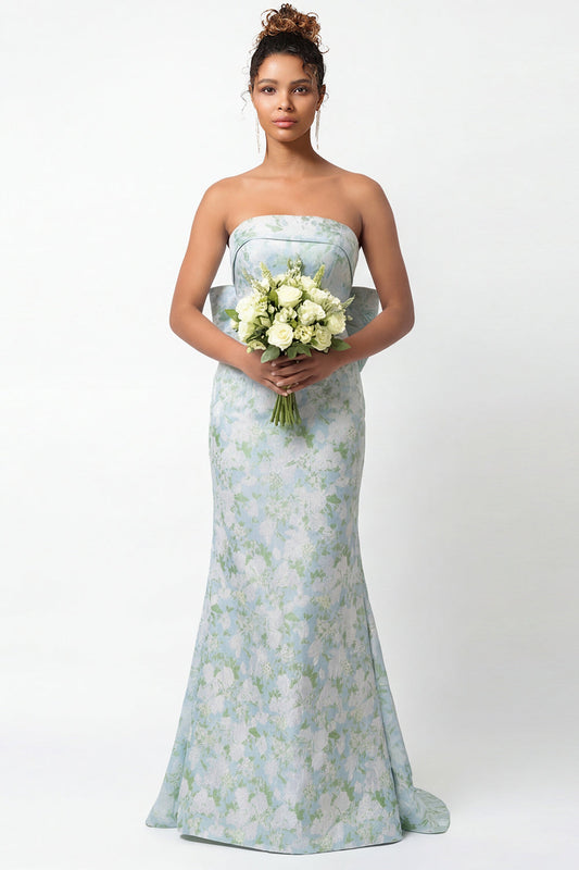 Robe bustier longue sirène imprimée bleue et blanche à fleurs avec nœud pour demoiselle d'honneur