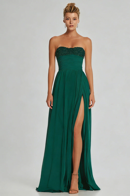 Robe longue bustier en mousseline vert foncé coupe évasée avec fente
