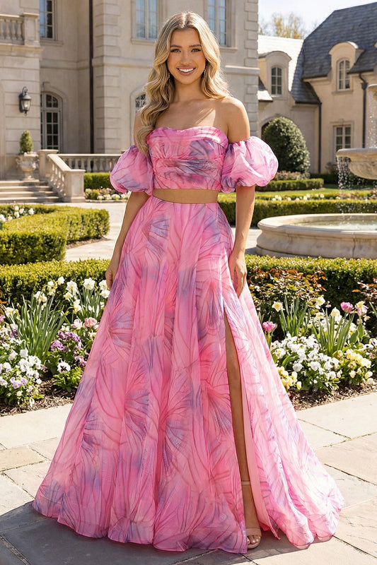 Robe longue rose trapèze fendue avec épaules dénudées