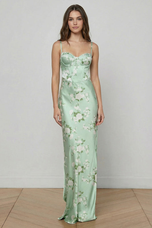 Robe longue fourreau imprimée florale vert sauge avec dos lacé