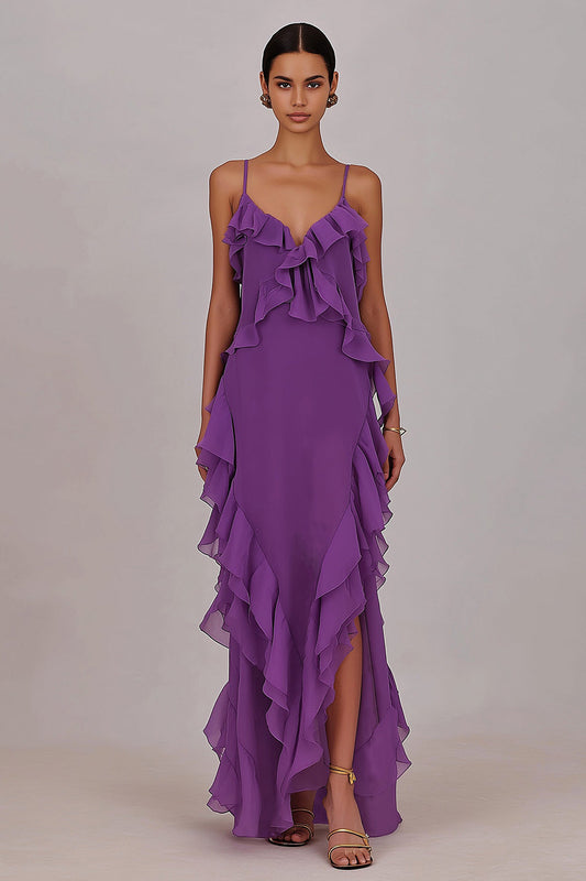 Robe longue fourreau en mousseline de soie prune à volants et fente