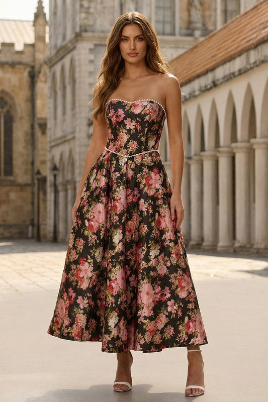 Vestido Midi Sin Tirantes con Estampado de Flores Negras y Rosas y Perlas
