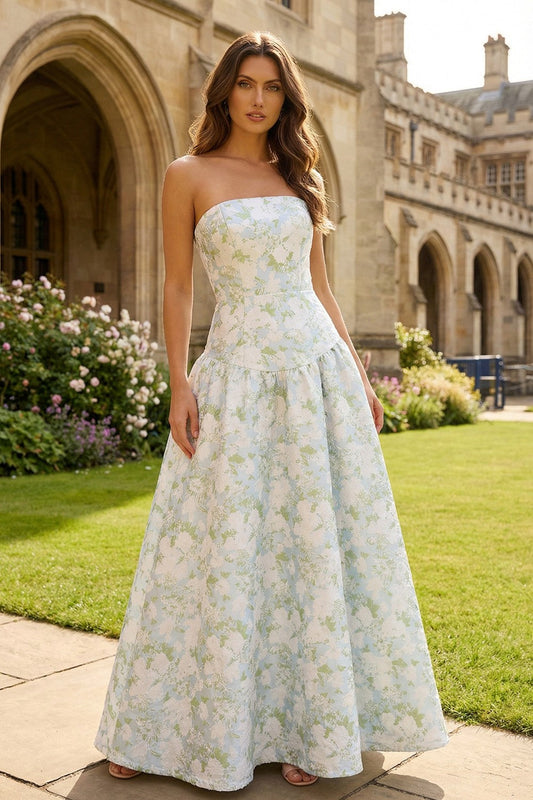 Robe longue ligne A bustier imprimée fleurs bleu blanc