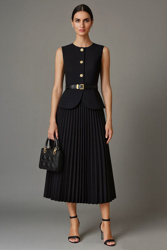 Black Pleated A-Line Two-Piece Round Neck Midi Work Dress