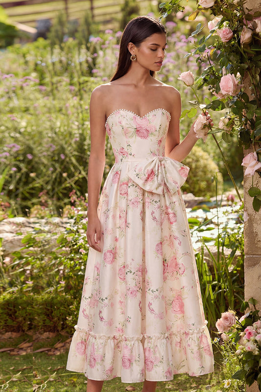 Pink White Flower A-Line Printed Strapless Midi Dress with Bow