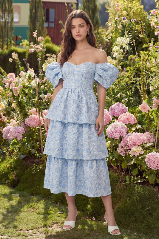 Blue Jacquard A-Line Off-the-Shoulder Tiered Midi Dress