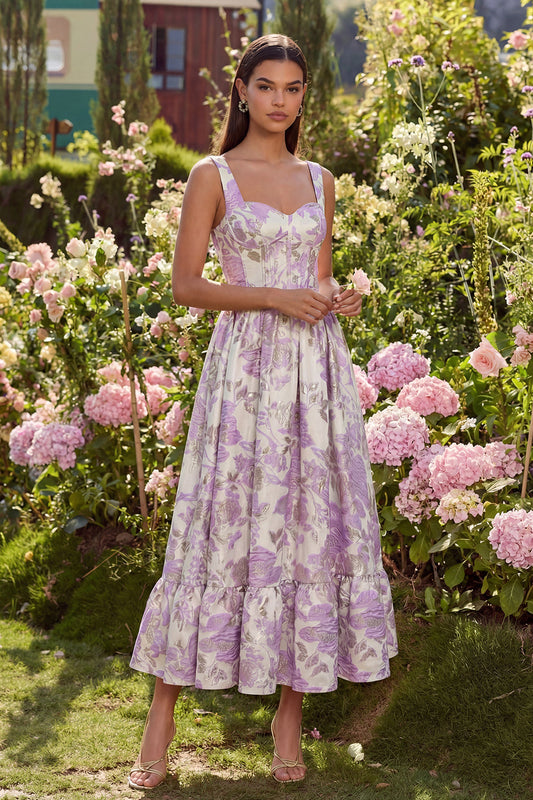 Robe mi-longue évasée corset à fleurs en jacquard violet