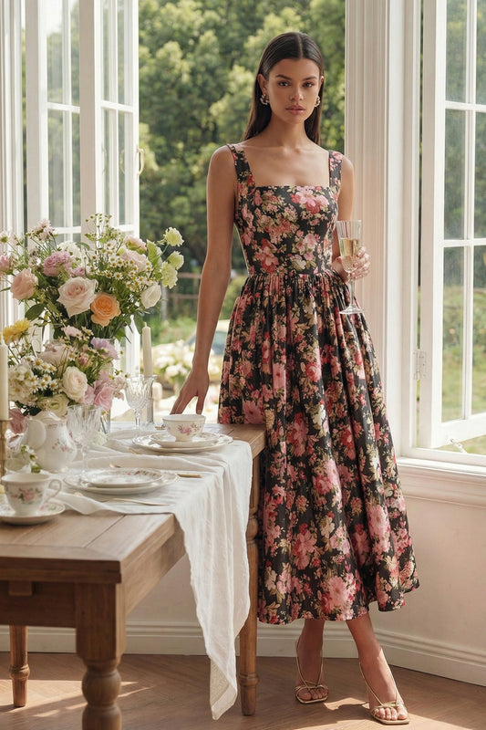 Black Pink Flower Square Neck A-Line Midi Dress