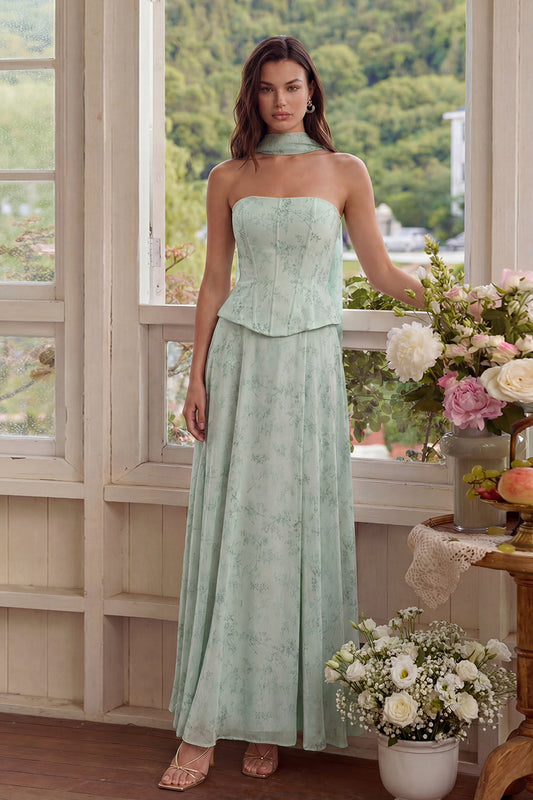 Dusty Sage Chiffon A-Line Corset Strapless Midi Dress