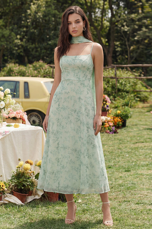 Dusty Sage Printed Chiffon Spaghetti Straps A-Line Midi Dress