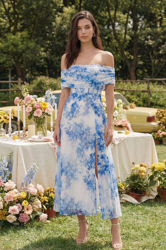 White Blue Flower A-Line Tulle Off-the-Shoulder Corset Midi Dress with Slit