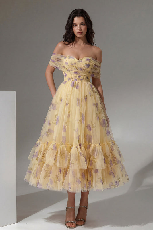 Yellow Floral Off the Shoulder A-Line Tulle Midi Dress with Ruffles