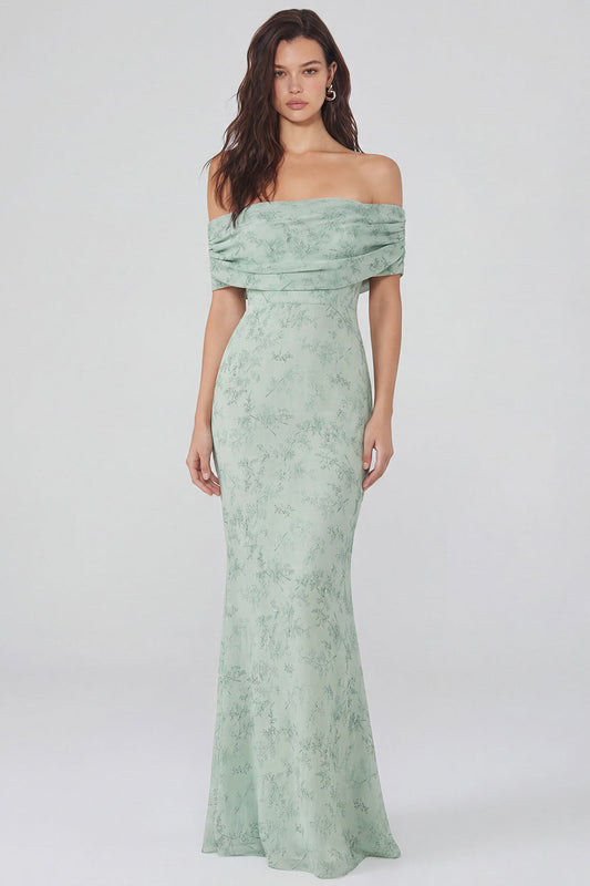 Dusty Sage Print Off-the-Shoulder Sheath Chiffon Midi Dress