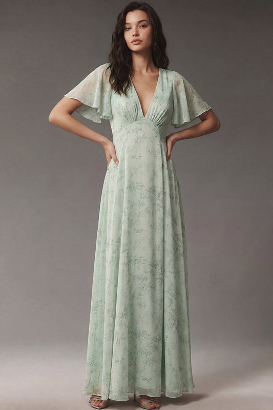 Dusty Sage V-Neck Chiffon A-Line Midi Dress with Short Sleeves