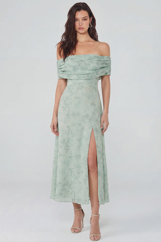 Dusty Sage Printed Chiffon A-Line Off the Shoulder Midi Dress with Slit