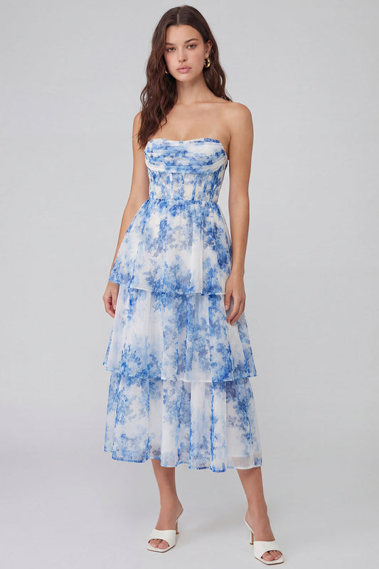 White Blue Flower Tulle A-Line Corset Strapless Tiered Midi Dress