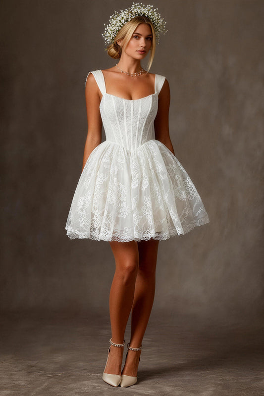Lace White Square Neck Corset Mini Graduation Dress