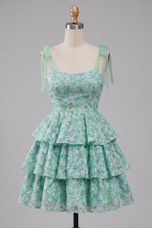 Robe de bal trapèze évasée florale vert clair à bretelles épaisses et volants
