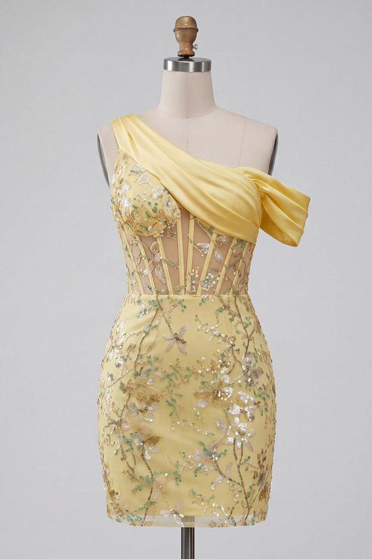 One Shoulder Yellow Bodycon Sheer Corset Floral Homecoming Dress with Sequins