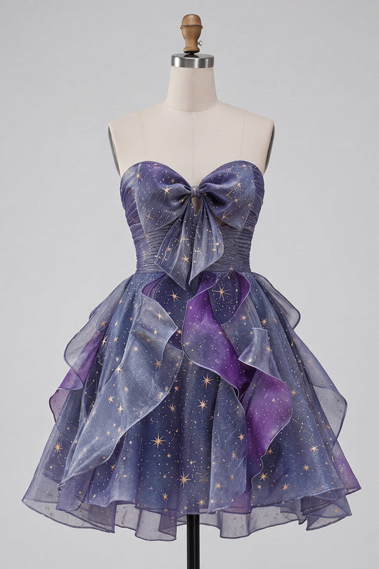 Robe de bal de fin d'année trapèze bleu poudré avec volants