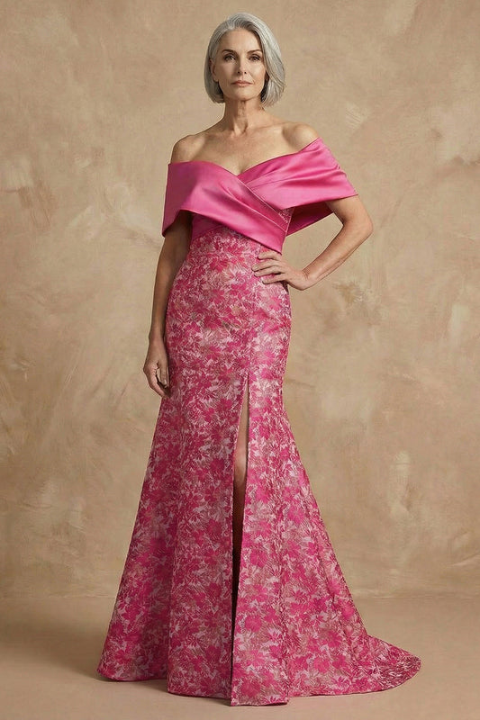 Fuchsia Floral Off-The-Shoulder Mermaid Long Mother of the Bride Dress with Slit