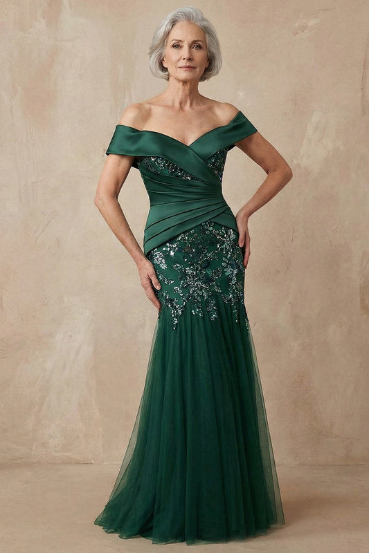 Robe de soirée sirène longue vert foncé avec sequins, épaules dénudées, pour mère de la mariée