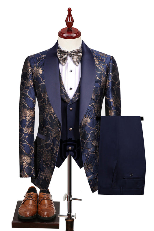 Costumes Homme Floraux Revers Bleu Châle Un Bouton