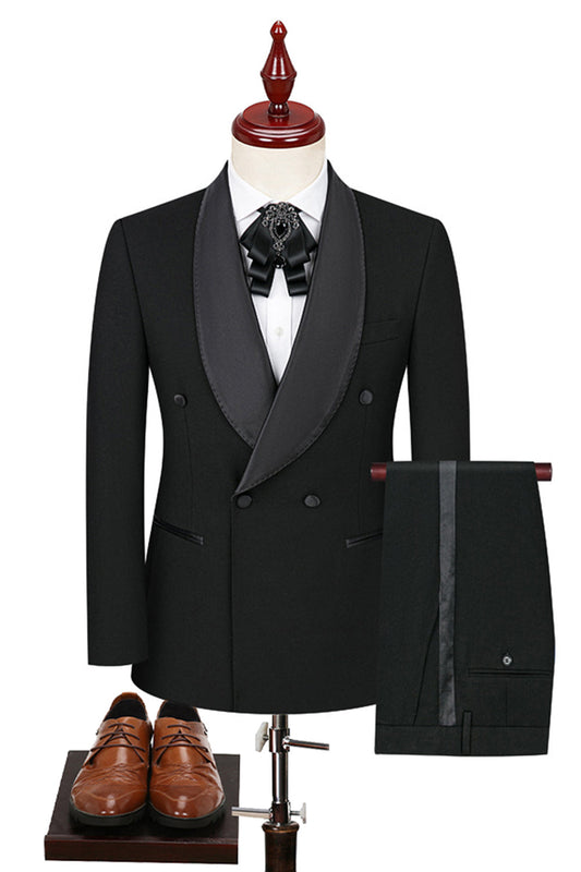 Costumes pour hommes croisés noirs à revers châle, 2 pièces