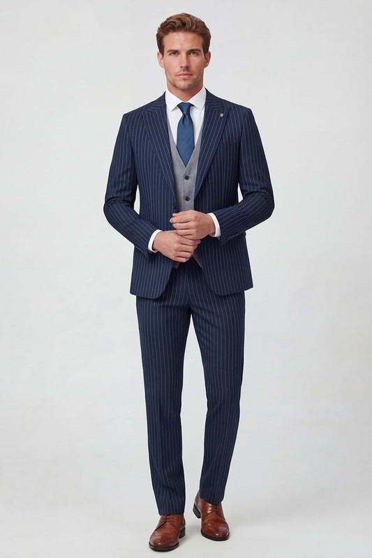 Costumes de bal pour hommes 3 pièces bleu avec revers cranté à un bouton