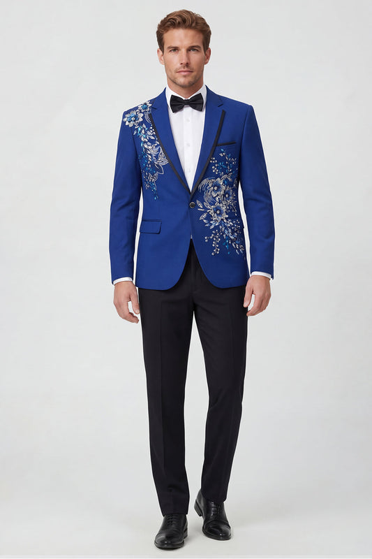 Costume de bal deux pièces bleu pour homme avec revers cranté et un bouton à sequins