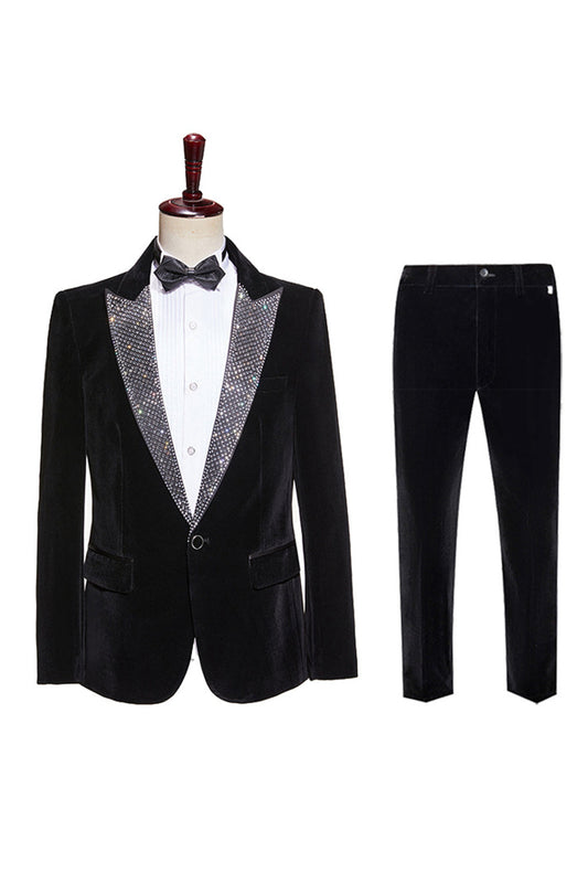 Costume de bal pour homme en velours noir pailleté, 2 pièces, à revers pointus