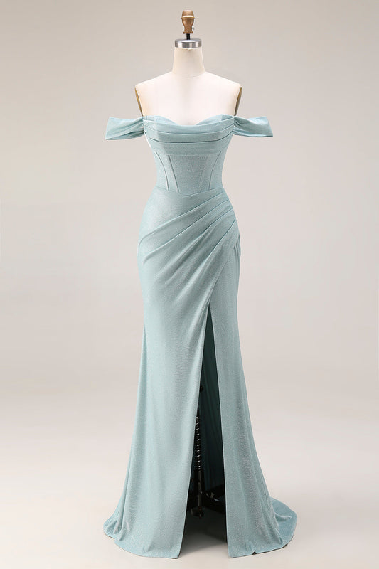 Robe de bal longue Dusty Green sirène bustier épaules dénudées avec fente