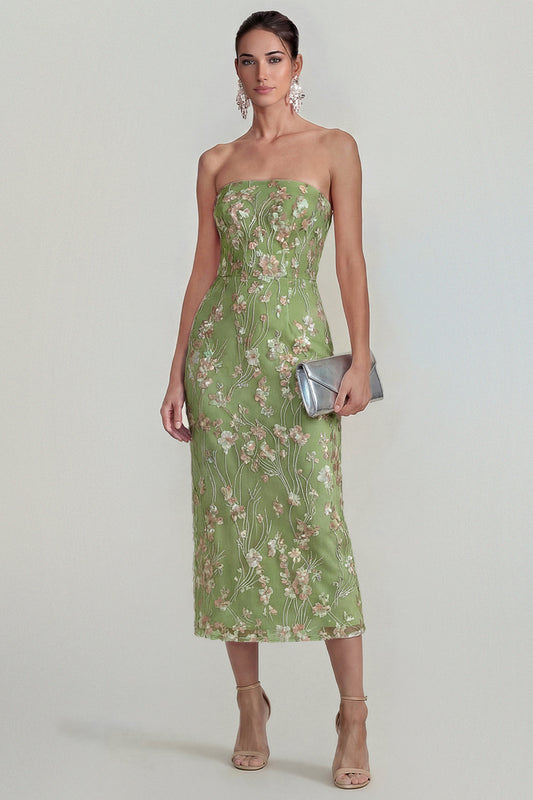 Robe fourreau midi bustier verte avec fleurs appliquées scintillantes