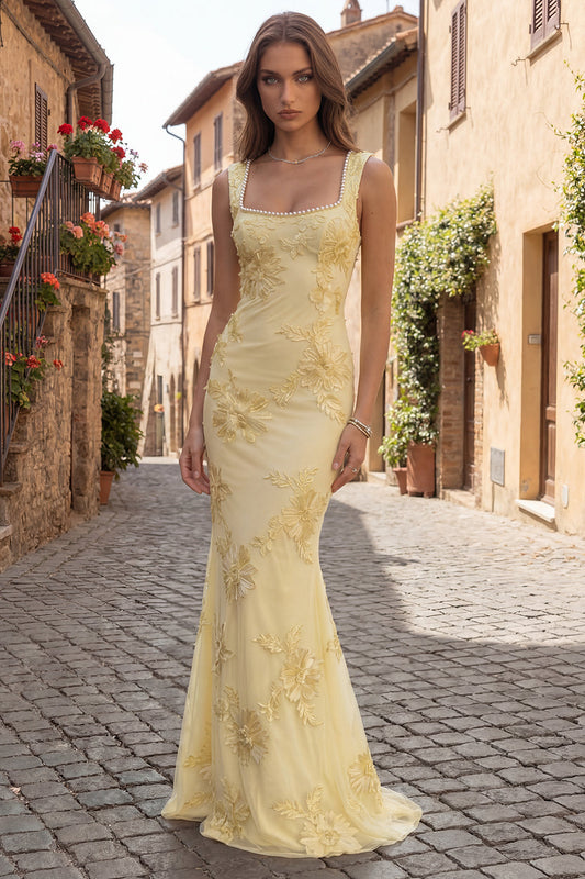 Yellow Mermaid Embroidered Square Neck Long Prom Dress