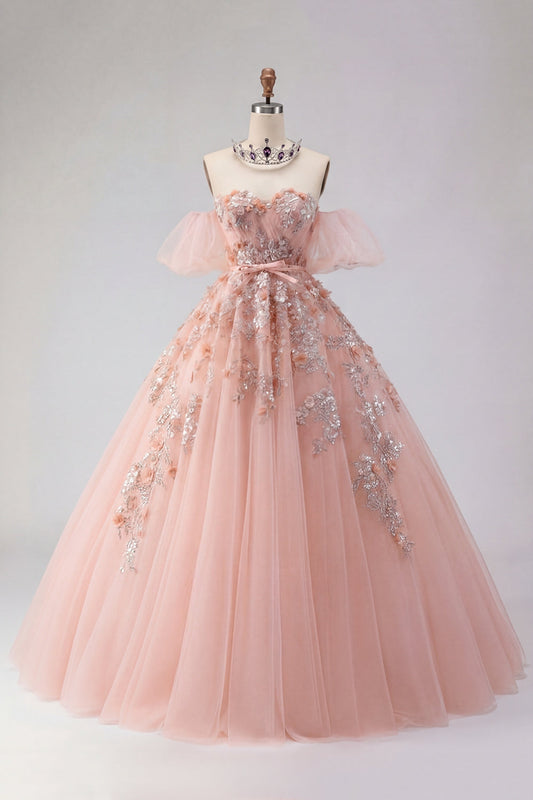 Off the Shoulder Appliqued Ball Gown Blush Quinceanera Dress