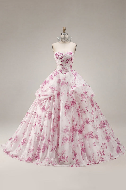 Strapless White and Fuchsia Floral Ball Gown Quinceanera Dress
