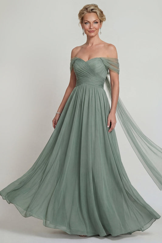 Off The Shoulder Chiffon A Line Dusty Sage Mother of the Bride Dress with Streamer
