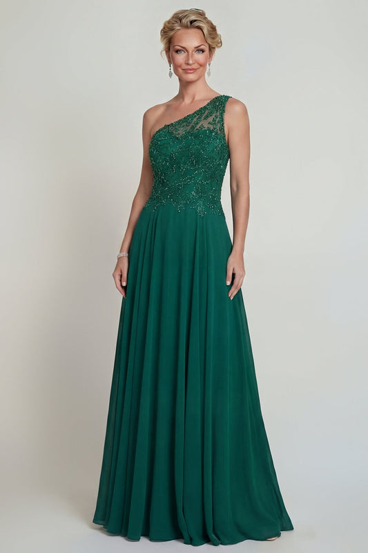 Dark Green A Line One Shoulder Long Chiffon Mother of the Bride Dress with Embroidery