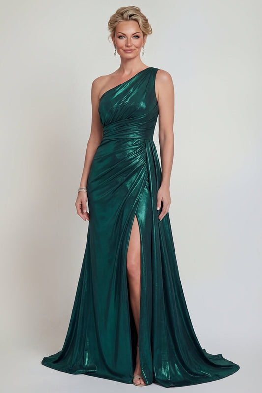 Metallic One Shoulder Dark Green Mermaid Long Mother of the Bride Dress with Slit
