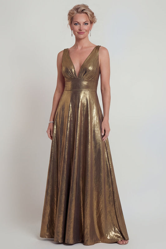 Golden A-Line Metallic V-Neck Long Mother of the Bride Dress